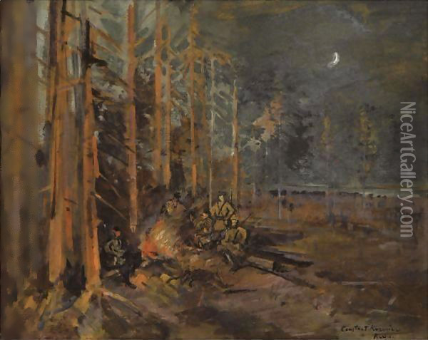 Soldiers Round The Forest Campfire Oil Painting - Konstantin Alexeievitch Korovin