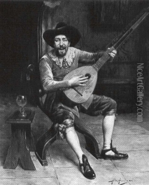 Cavalier Playing The Mandolin Oil Painting - Alex De Andreis