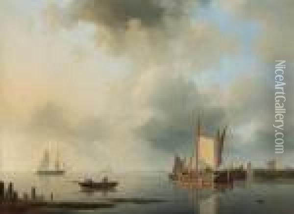 Shipping In A Calm Harbour Oil Painting - Abraham Hulk Jun.