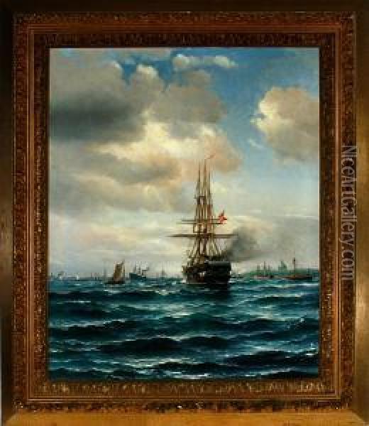 Marine With Several Ships In Copenhagen Harbour Oil Painting - Vilhelm Bille