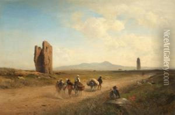 Romische Campagnalandschaft Mit Ruinen Und Bauern Oil Painting - Albert Flamm