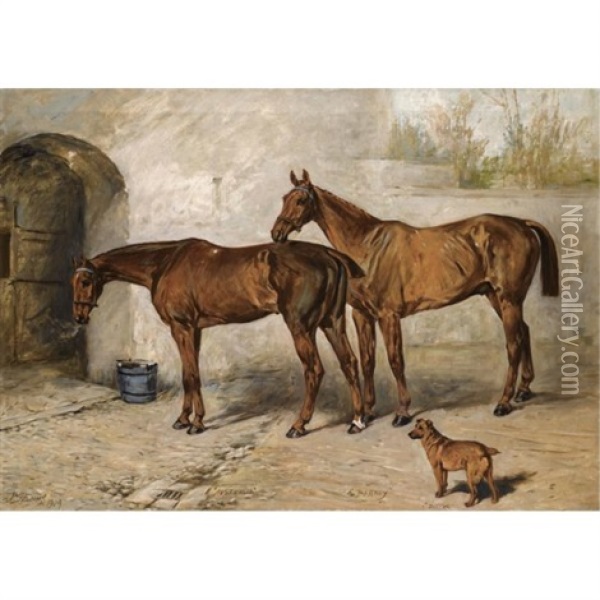"australia", "barney" And "doctor" In A Stable Yard Oil Painting - John Emms