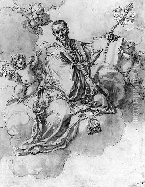 Saint Francis Xavier on Clouds holding a Lily and a Book with Putti Oil Painting - Francesco Solimena