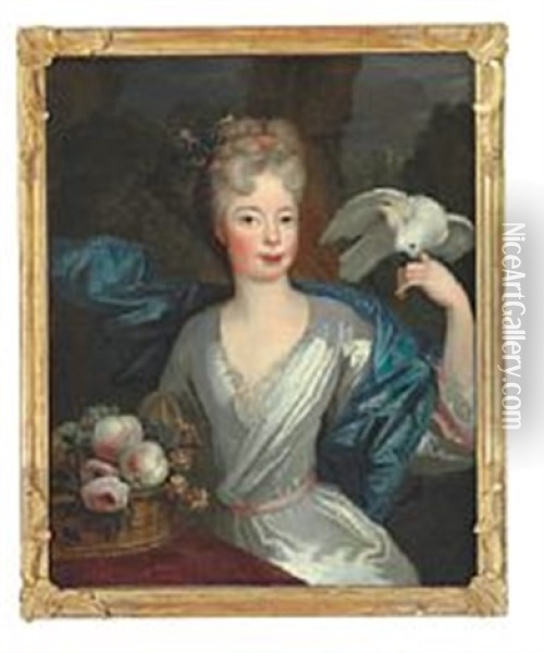 Portrait Of A Noblewoman In A White Dress And A Blue Taffeta Shawl Oil Painting - Jacques (Jacob) d' Agar