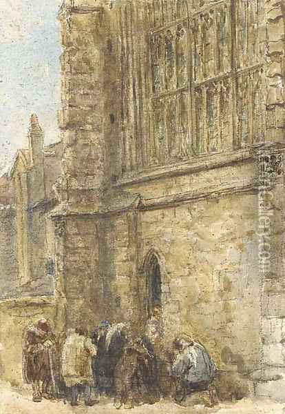 Figures receiving alms at the church door Oil Painting - David Cox