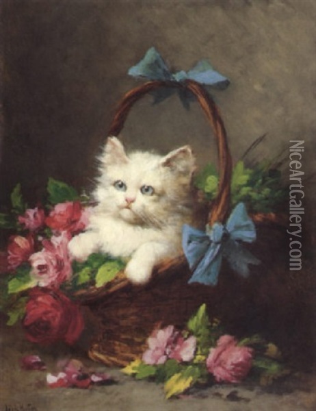 Kleines Katzchen Im Korb Mit Rosen Oil Painting - Leon Charles Huber