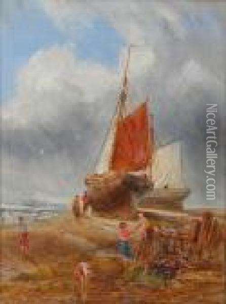 Fishing Boat At Low Tide On The Shore With Figures Before Oil Painting - William Joseph Caesar Julius Bond