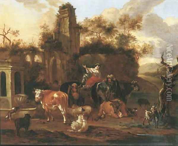 An Italianate landscape with shepherds and their cattle near a ruin Oil Painting - Michiel Carree