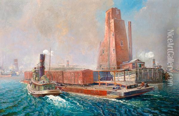 Working The Hudson River, Nyc Tugs Andbarges Oil Painting - Fred Craft