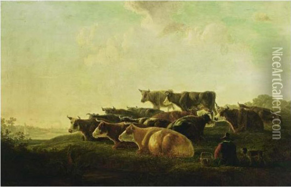 An Extensive River Landscape With A Shepherd And His Herd Resting Oil Painting - Jacob Van Stry