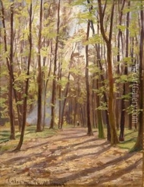 Blick In Den Kalkumer Wald. Im Hintergrund Ein Forster Bei Einem Lagerfeuer Oil Painting - Wilhelm Degode
