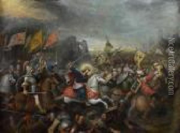 La Bataille De Clavijo Et L'apparition De Saint Jacques Matamore Oil Painting - Cornelis de Baellieur
