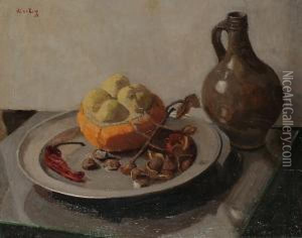 Still-life With Fruit And A Water Jug Oil Painting - Ans Van Den Berg
