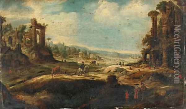 An extensive landscape with travellers by ruins Oil Painting - Adriaen van Nieulandt
