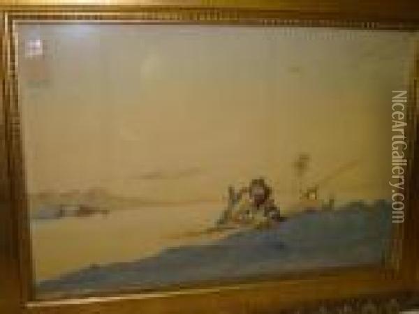 Desert Scene With Camels Watering Oil Painting - Augustus Osborne Lamplough