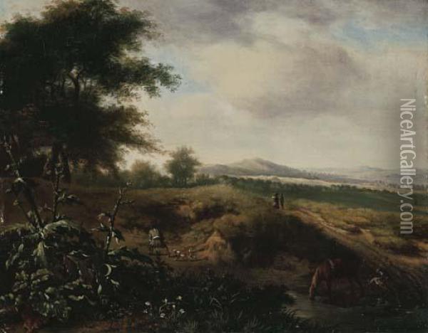 An Extensive Landscape With A Sportsman And His Dog At The Edge Ofa Wood Oil Painting - Jan Wijnants