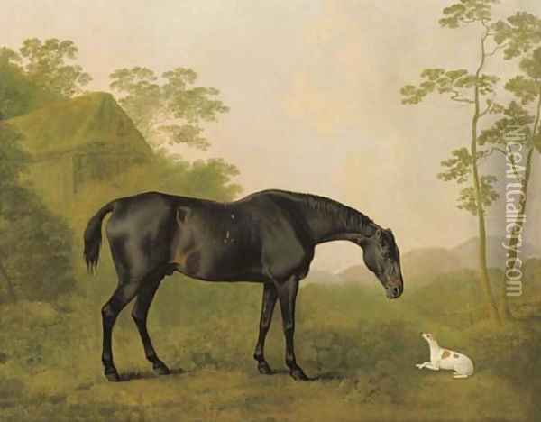 A black hunter and a dog in a landscape Oil Painting - John Boultbee