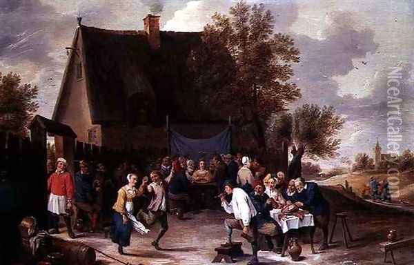Villagers Celebrating a Wedding Feast Outside a Country Tavern Oil Painting - Matheus van Helmont