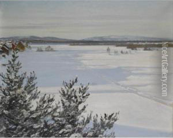 Snolandskap (snowy Landscape) Oil Painting - August Wilhelm Nikolaus Hagborg