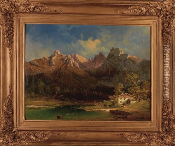 Mountain Landscape With Farm And Lake Oil Painting - Karl Millner