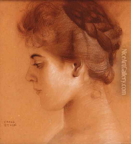 Head study of a young girl in profile Oil Painting - Franz von Stuck