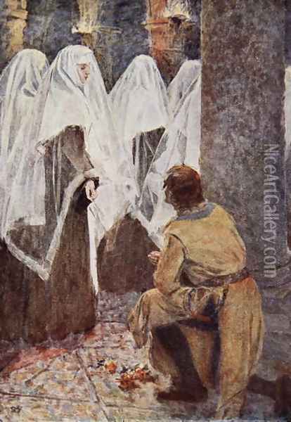 The Scottish Knight on one knee watched as the veiled nuns walked past illustration for The Talisman A Tale of the Crusaders by Sir Walter Scott Oil Painting - Vedder Simon Harmon
