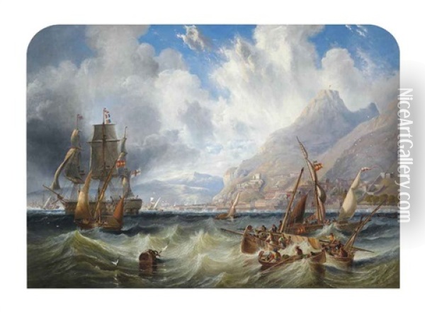 A Large Second Rate, (h.m.s. Asia?) Passing Through Local Small Craft Off Gibraltar Oil Painting - John Wilson Carmichael