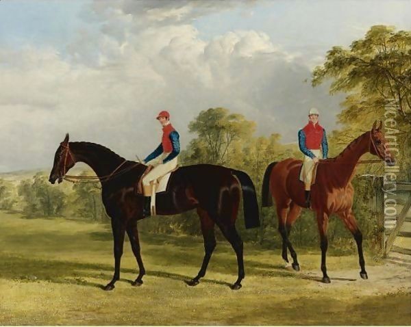 The Earl Of Chesterfield's Industry With W. Scott Up And Caroline Elvina With J. Holmes Up In A Paddock Oil Painting - John Frederick Herring Snr