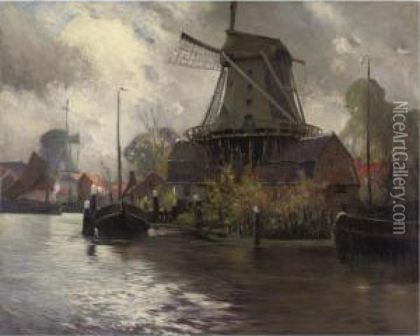 Windmills Along A River Oil Painting - George Ames Aldrich