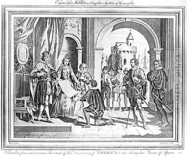 Christopher Columbus 1451-1506 presenting an account of his discovery of America to the King and Queen of Spain Oil Painting - Charles Grignion