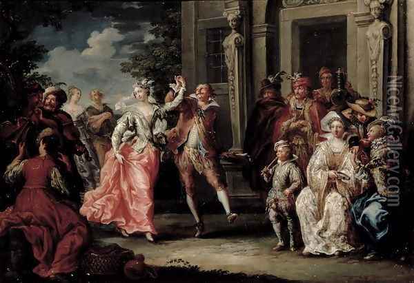 Figures Dancing Outside a Palace Oil Painting - Johann Georg Platzer