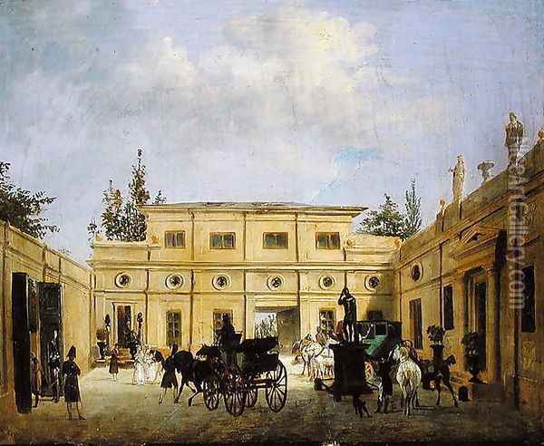 Carriages in the Courtyard of the Chateau de Neuilly Oil Painting - Joseph Swebach-Desfontaines