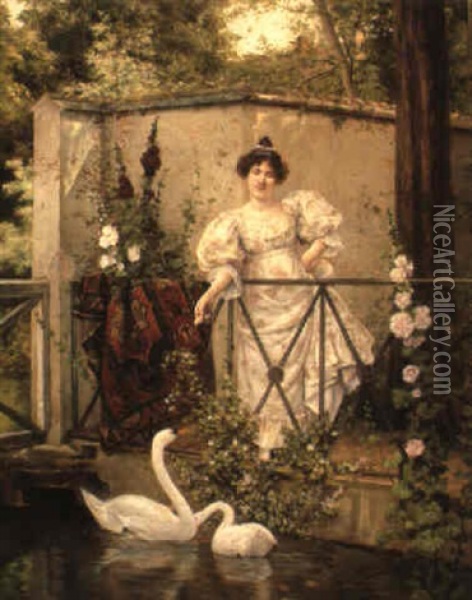 Feeding The Swans Oil Painting - Clemente Pujol de Gustavino
