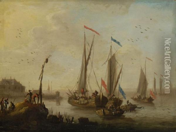 Fischerboote Am Ufer. Oil Painting - Norbert Joseph Carl Grund