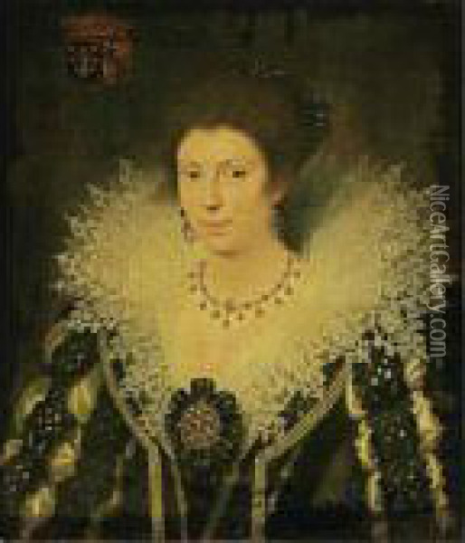 A Portrait Of Marie D'enghien De
 Kestergat, Lady D'eyseringhem (died 1649), Bust Length, Wearing A Black
 And White Satin Dress Decorated With Pearls, Together With An Elaborate
 Lace Collar, A Headdress, A Golden Necklace And Earrings Oil Painting - Frans Pourbus the younger