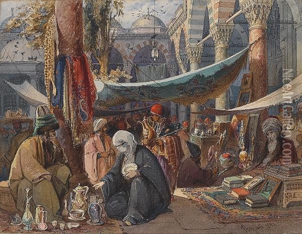 Market In The Courtyard Of The Mosque Of Sultan Beyazid Oil Painting - Amadeo Preziosi