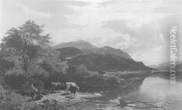 River Landscape With Figures On Shore And Cattle Watering Oil Painting - Sidney Richard Percy