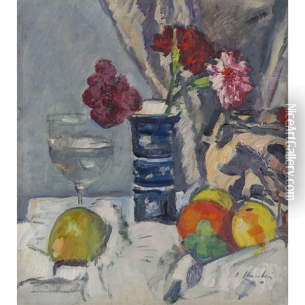 A Still Life Of Roses And Fruit Oil Painting - George Leslie Hunter