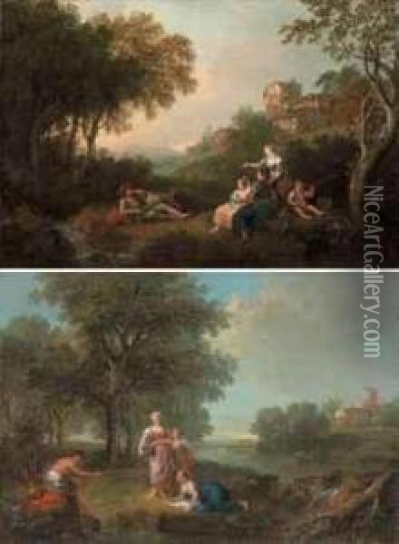A Wooded River Landscape With 
Figures Resting And Fishing, Cattlewatering At A River In The Distance; 
And A Wooded Landscape Withfigures Resting And Fishing By A Stream Oil Painting - Francesco Zuccarelli