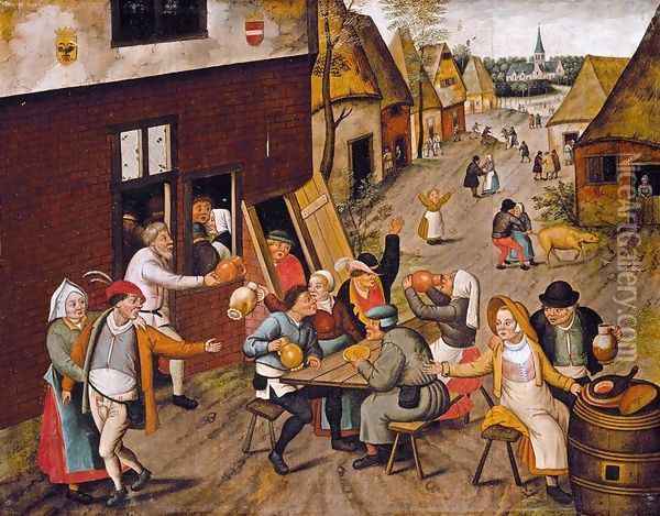 Peasants Making Merry outside a Tavern 'The Swan' Oil Painting - Pieter The Younger Brueghel