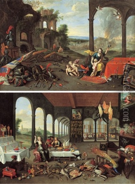 Allegorie De La Guerre Ou Du Feu (+ Allegorie De La Terre; Pair) Oil Painting - Peeter Van Avont