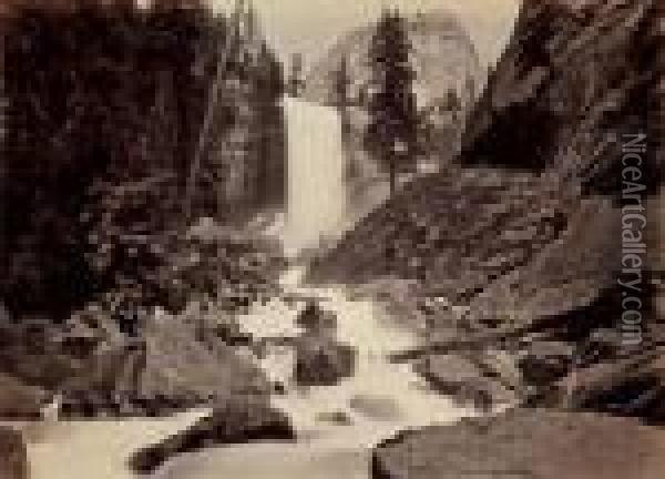 Vernal Fall, 300 Ft., Yosemite Valley Oil Painting - Carleton E. Watkins