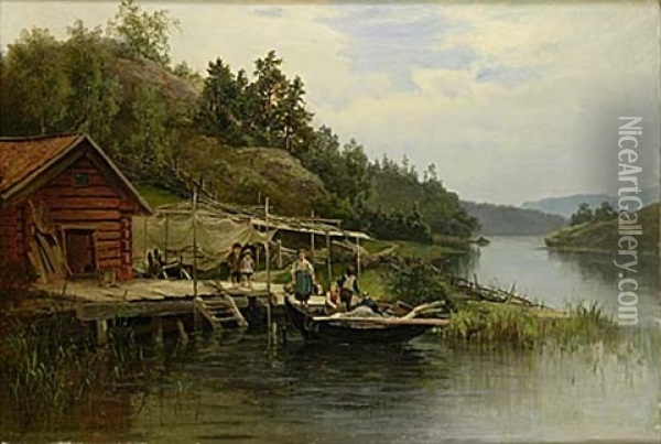 Insjolandskap Med Figurer Vid Brygga Oil Painting - Josephina Holmlund