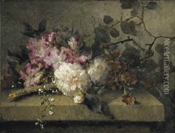 Rhododendrons And Roses On A Stone Ledge Oil Painting - Margaretha Roosenboom