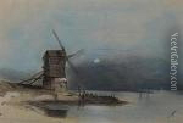Windmill By Moonlight Oil Painting - Henry Bright