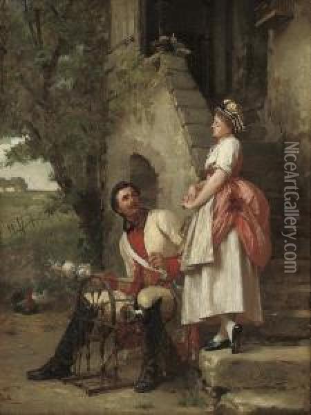 The Spinning Lesson Oil Painting - Emile Pierre Metzmacher