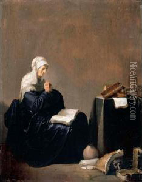 Interior With A Woman Praying At A Table, With Books, An Hour Glass And Other Objects Oil Painting - Willem De Poorter