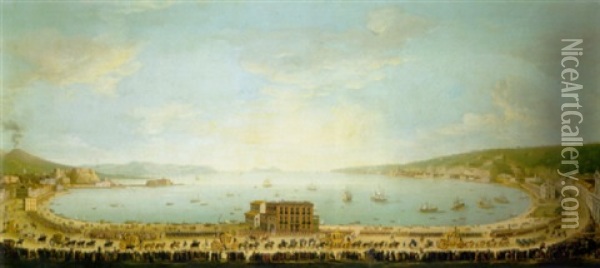 A Panaramic View Of The Bay Of Naples, With The Royal Procession To Piedigrotta Oil Painting - Antonio Joli