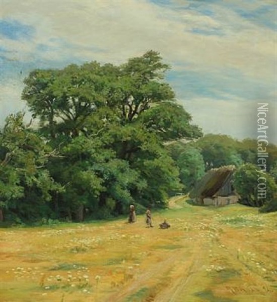 Danish Summer Landscape With Playing Children At A Thatched Barn Oil Painting - Rudolf Bissen