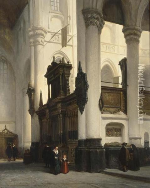 Figures In The Interior Of The Nieuwe Kerk In Delft Oil Painting - Johannes Bosboom